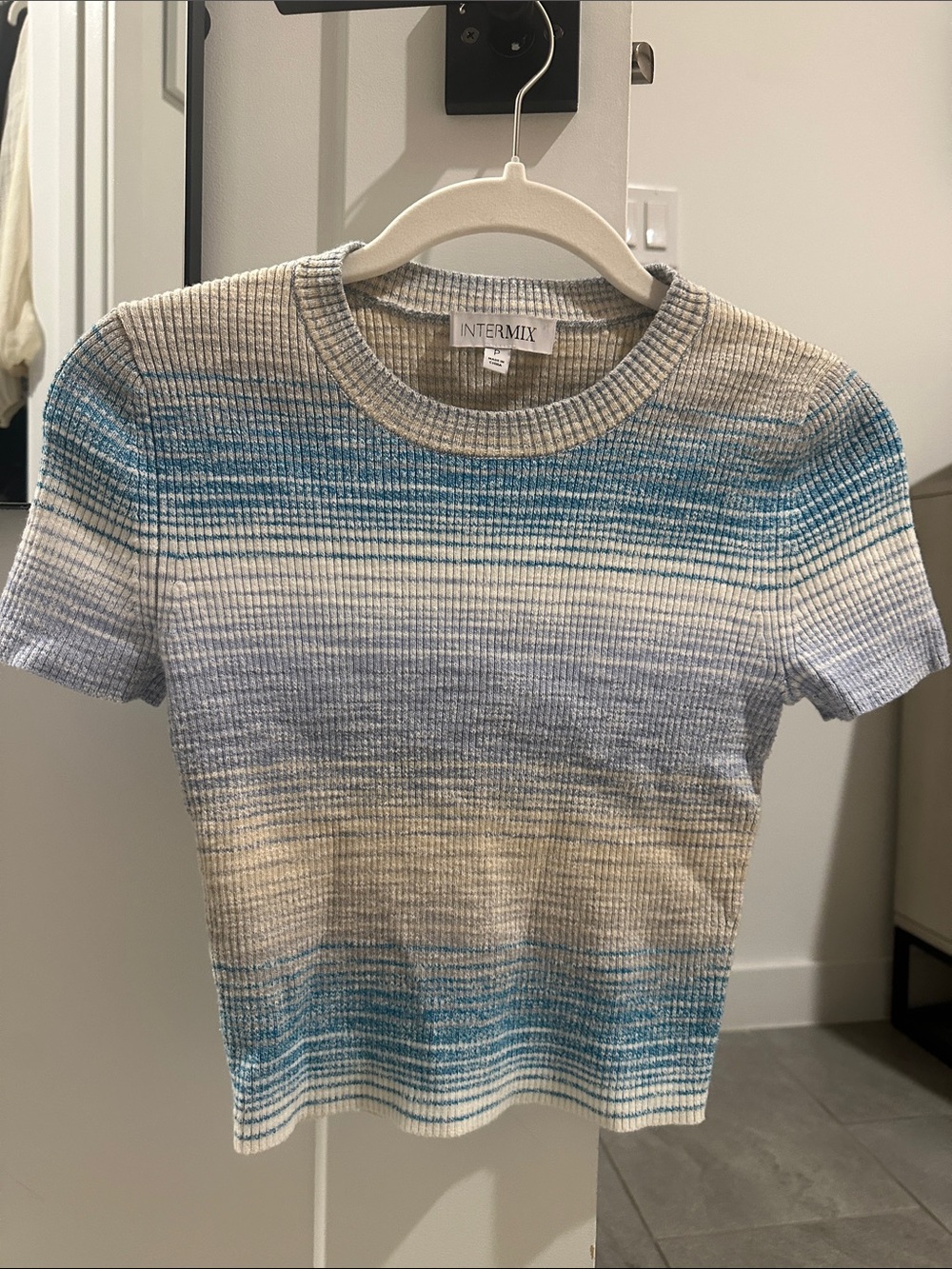 INTERMIX Ribbed Striped Tee in Blue, Cream & Light Gray